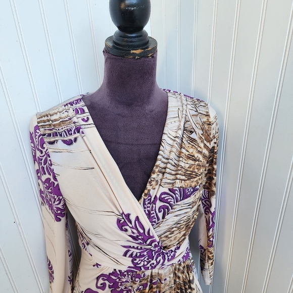 Boston Proper Dress Paisley Leopard Floral Purple Tan Stretch Faux Wrap Zip 6 - Picture 3 of 15